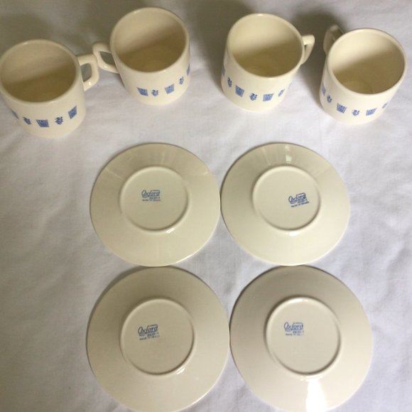 Set of Four Cream colored Mugs and Saucers with blue print design - Picture 6 of 8